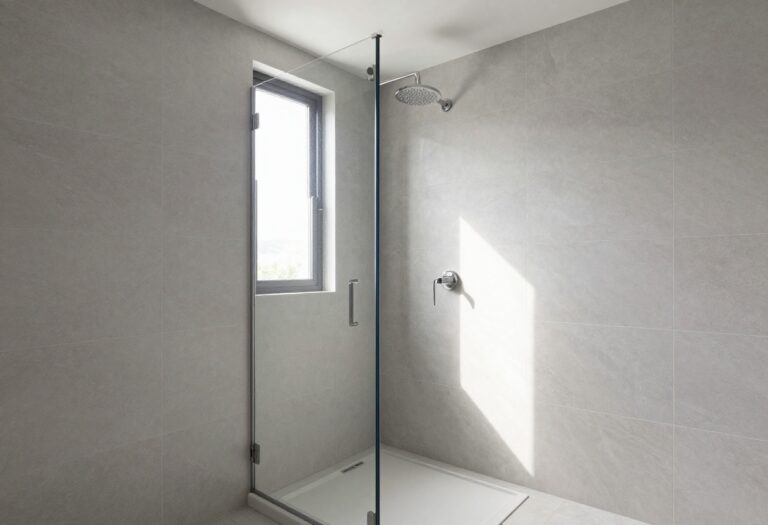 Modern shower with large-format marble-look tiles and glass enclosure