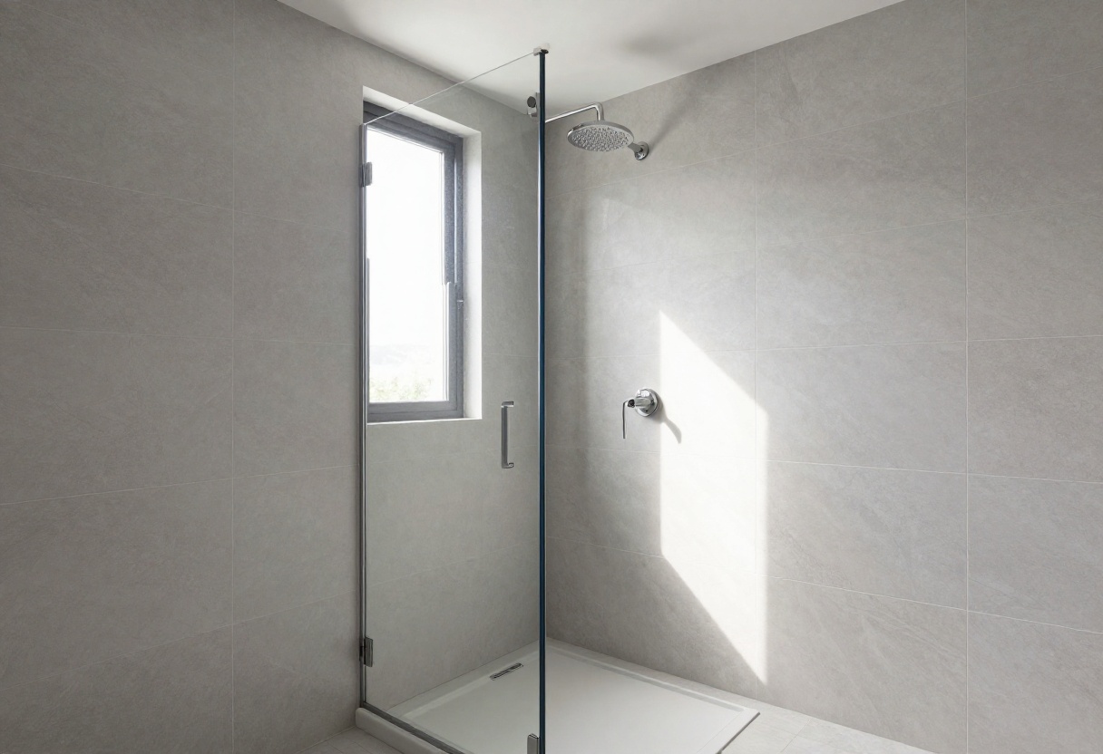 Modern shower with large-format marble-look tiles and glass enclosure