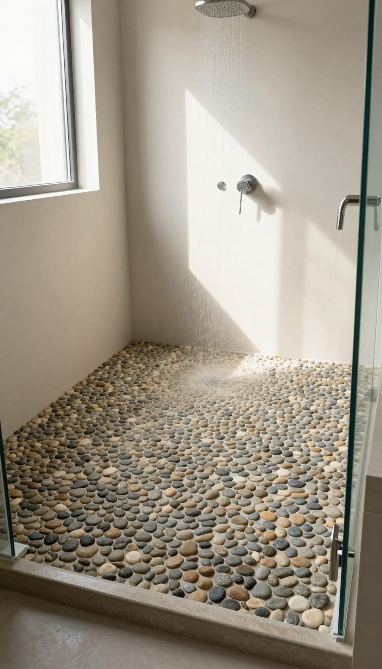 A modern shower with a warm, heated pebble floor in natural light