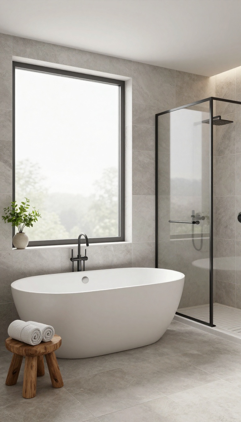 Freestanding tub and separate glass shower in a bright, spacious bathroom with natural light and stone tiles.