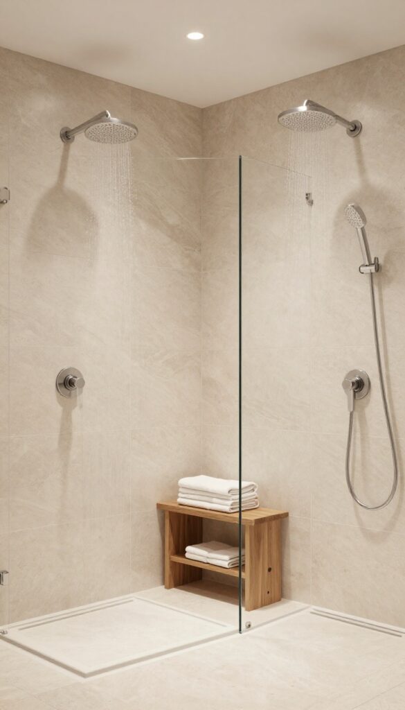Modern bathroom with dual shower heads on opposite walls, featuring a wooden bench and stone tiles