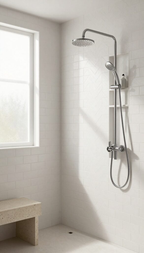 Walk-in shower with white subway tile herringbone pattern, natural light, and modern fixtures.