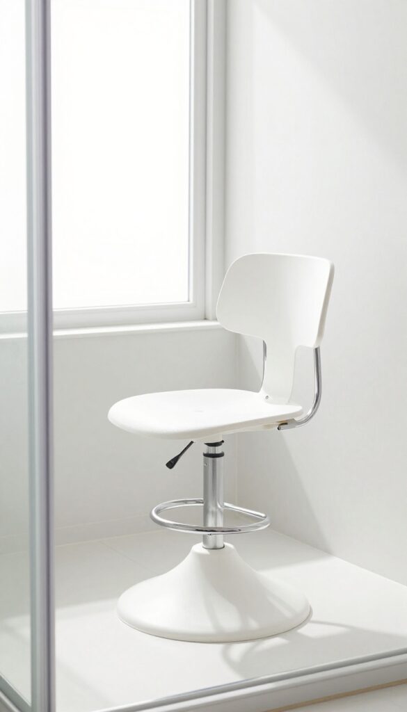 A swivel shower chair in a bright modern bathroom, demonstrating easy transfer.