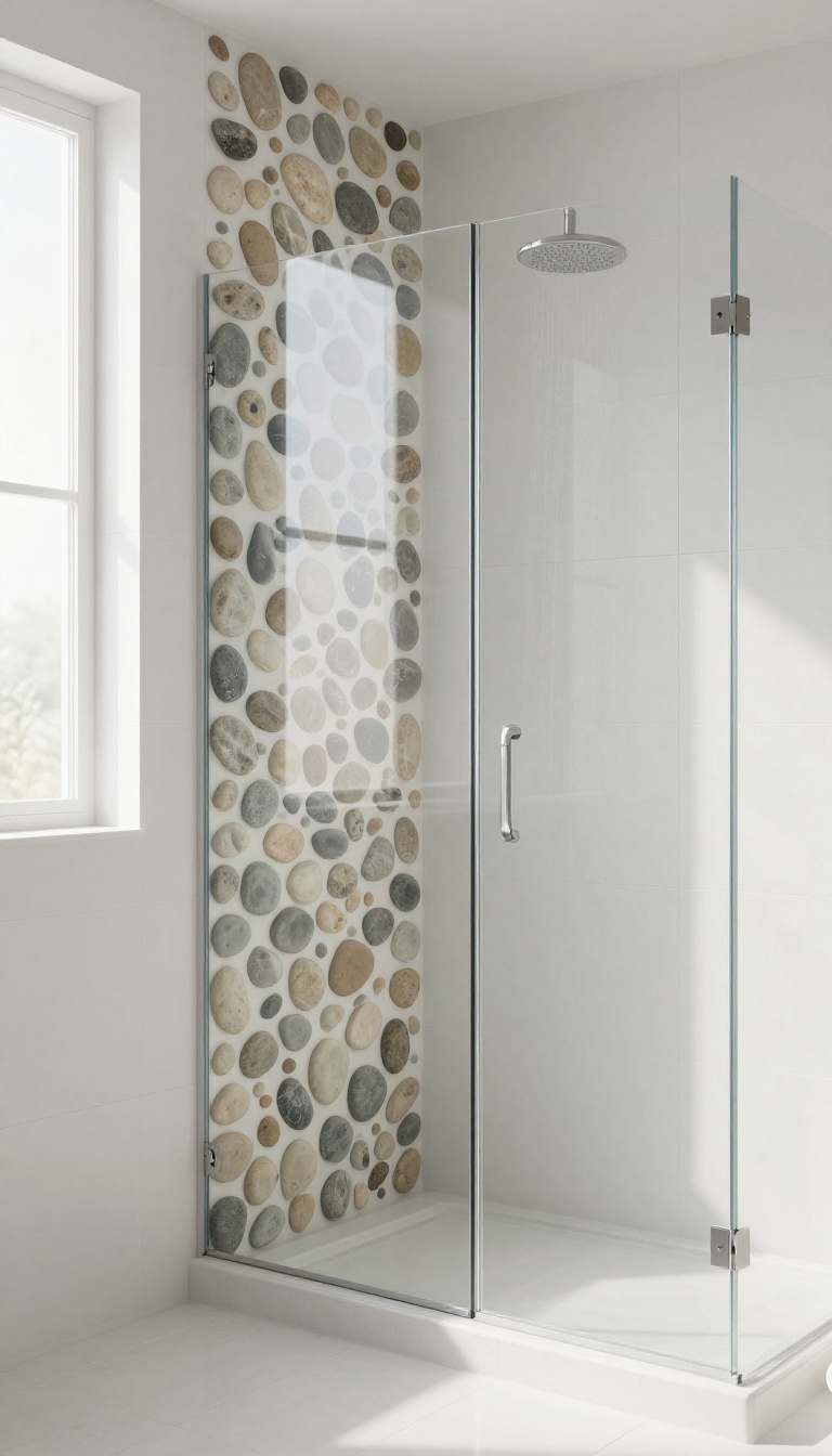 Polished pebble tile accent wall in a modern shower with large-format white tiles and glass door