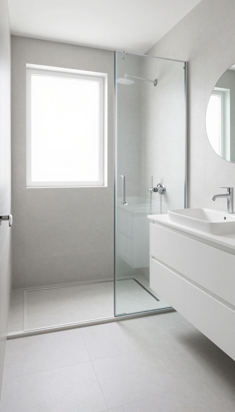 Curbless walk-in shower with linear drain in a small modern bathroom