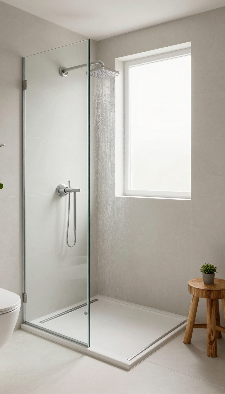 Modern walk-in shower with linear drain and seamless tile floor