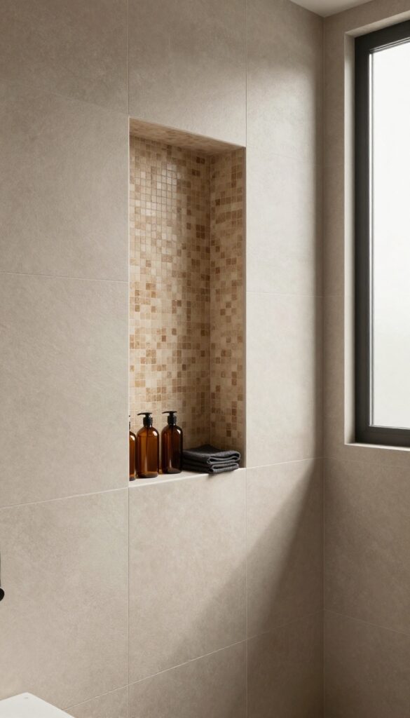 Recessed shower niche with mosaic tile accent and neatly arranged bottles