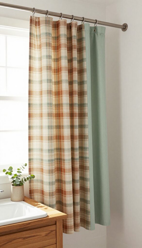 Reversible rustic plaid shower curtain with sage green reverse side in a bright bathroom