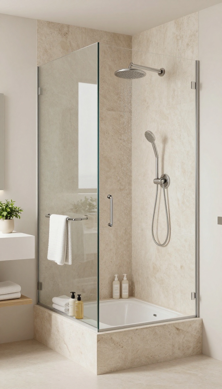 Modern bathroom with a tub-shower combo featuring a built-in stone bench inside the shower, bright natural light, minimalist design.