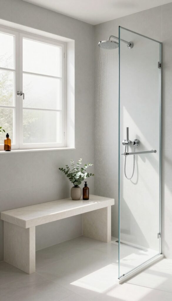 Modern bathroom with a built-in curved corner shower seat, tiled to match the walls, creating a seamless and airy look.