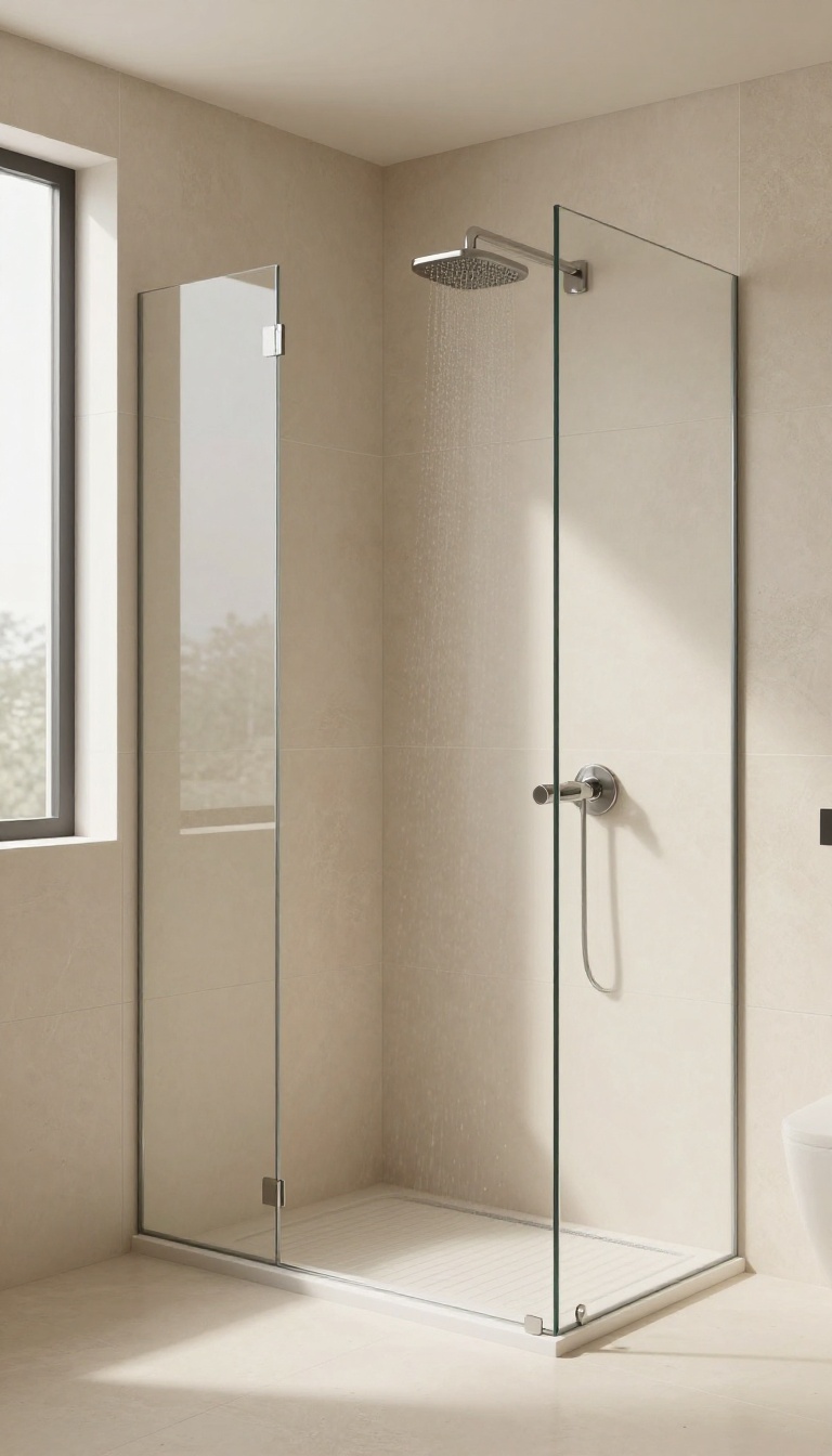 Seamless floor-to-ceiling tile shower with large-format porcelain tiles in a bright, spa-like bathroom.