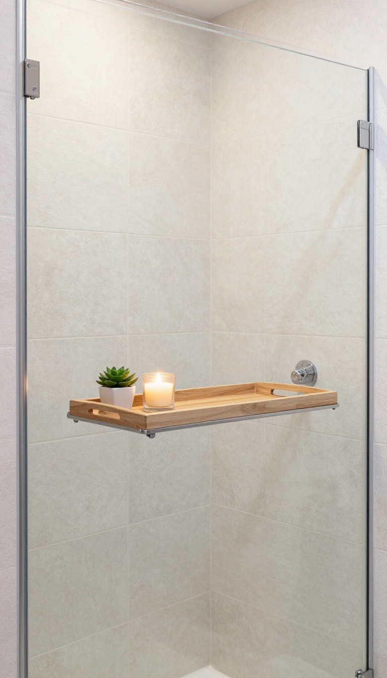 A metal shower caddy with a wooden tray on top holding a candle and a small plant, set in a bright, modern shower.