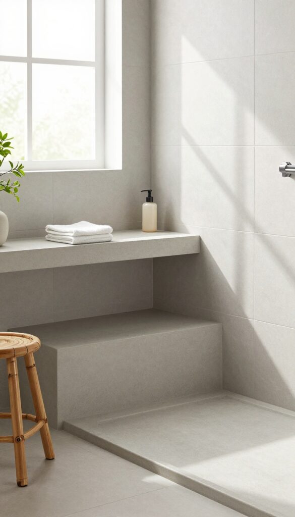Modern bathroom with a two-tier shower seat, one level for sitting and a lower ledge for feet or toiletries, in a bright, clean setting.