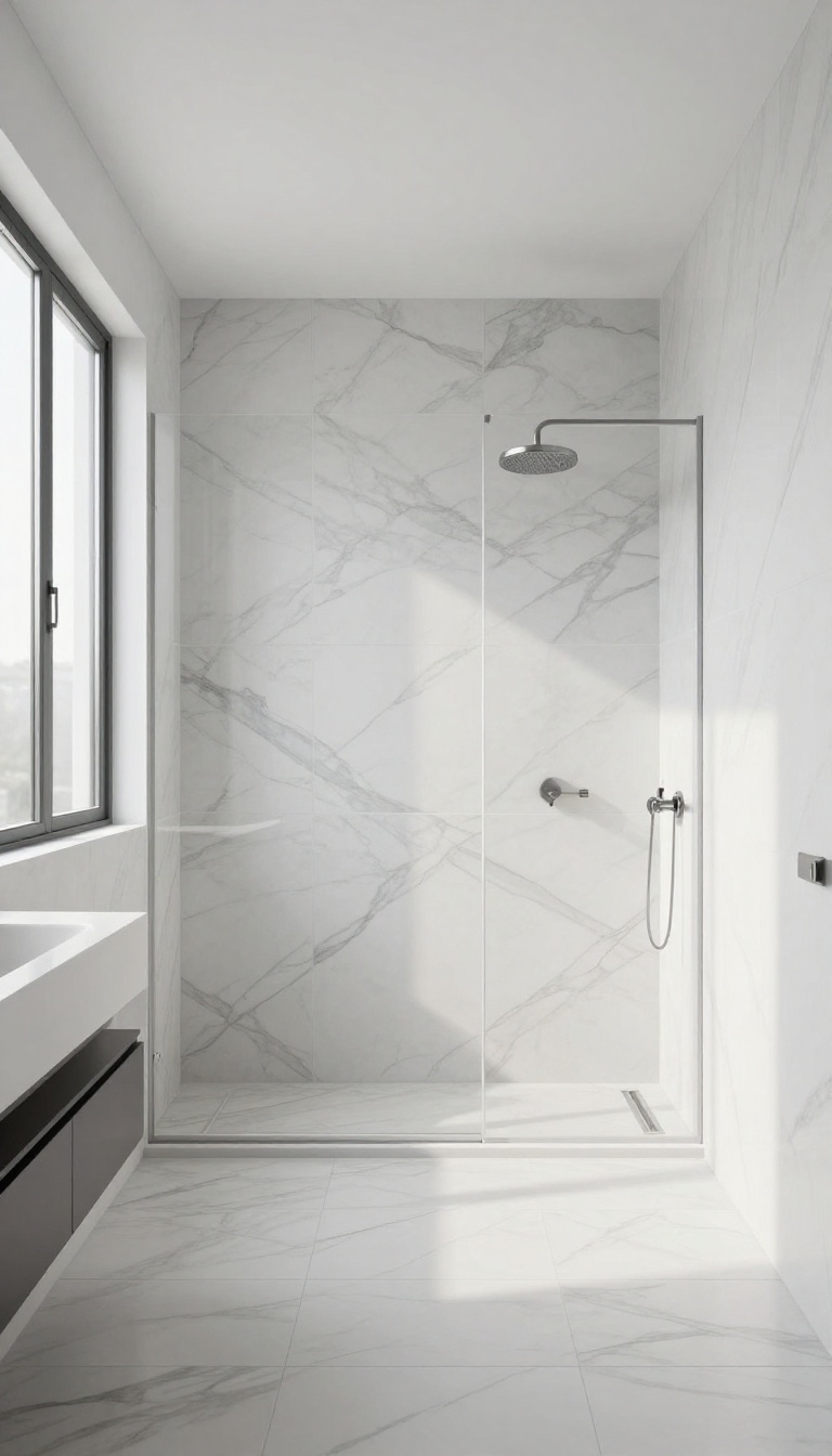 A modern bathroom with a tile-to-ceiling half wall that continues to the main shower wall and adjacent wall, creating a seamless, open look.