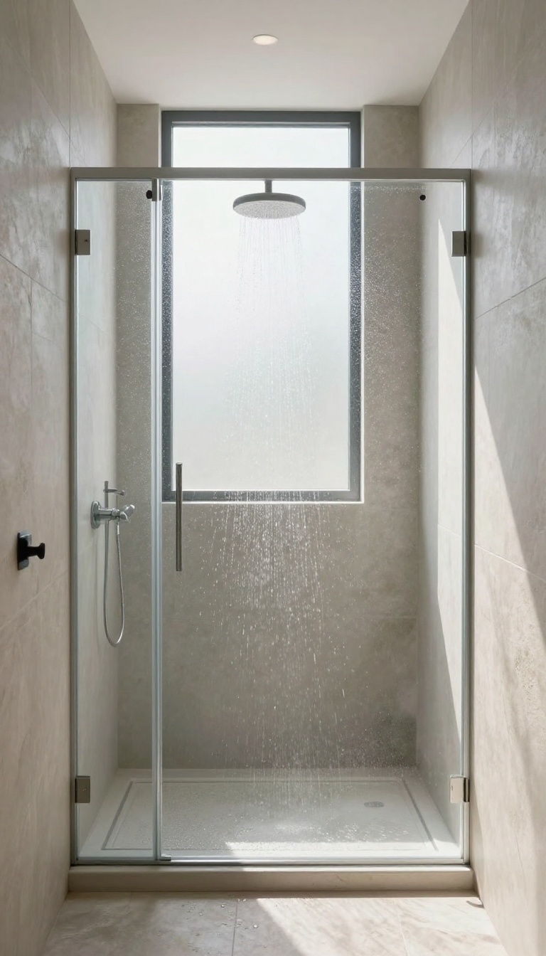 A bright walk-in shower with a skylight and high frosted window, filled with natural light