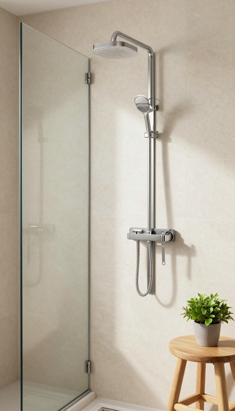 A magnetic strip mounted on a shower glass wall holding metal grooming tools, with natural stone and wood accents in a bright bathroom