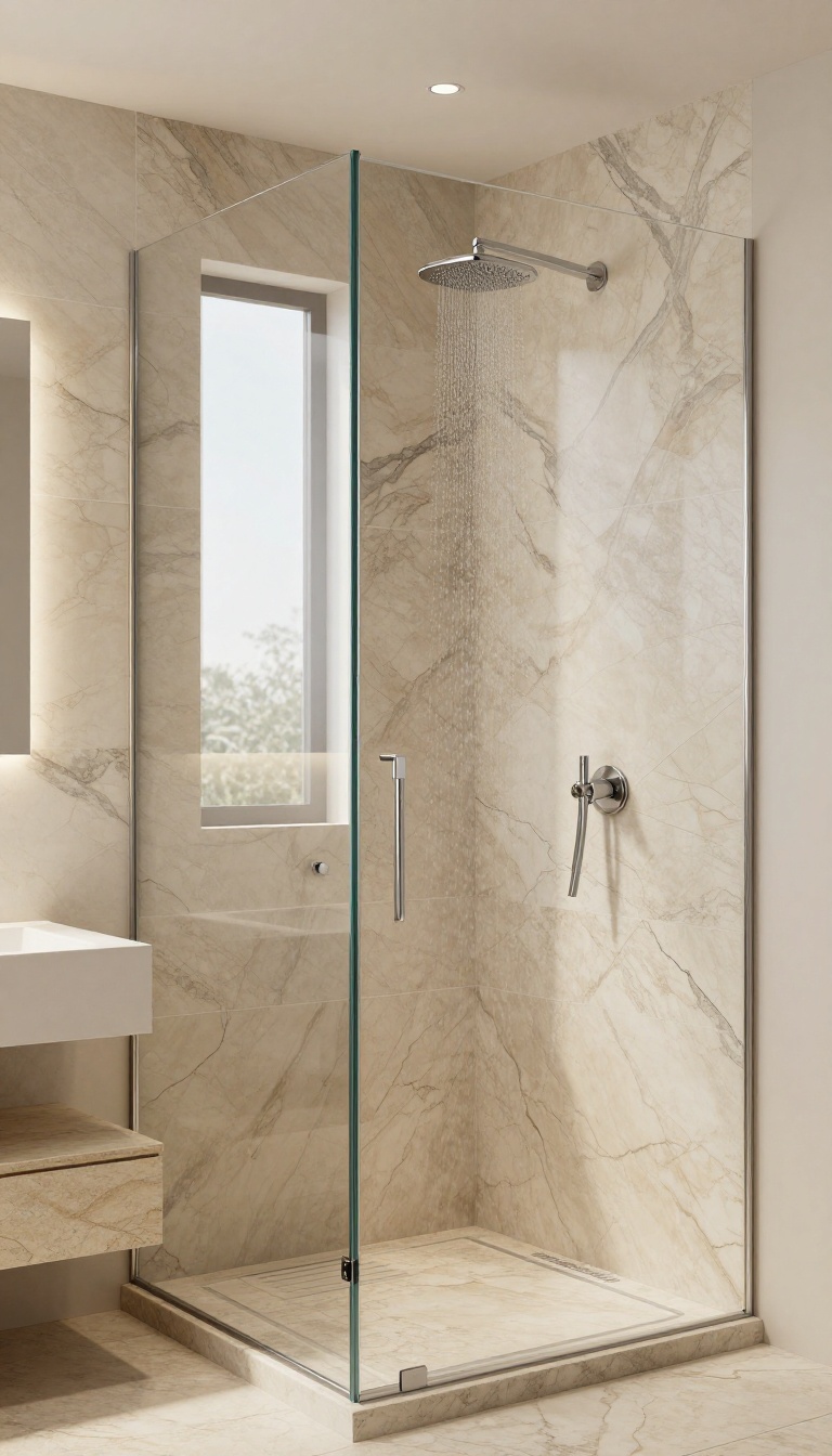 Modern bathroom shower with large-format onyx tiles and minimal grout lines, creating a seamless stone look.
