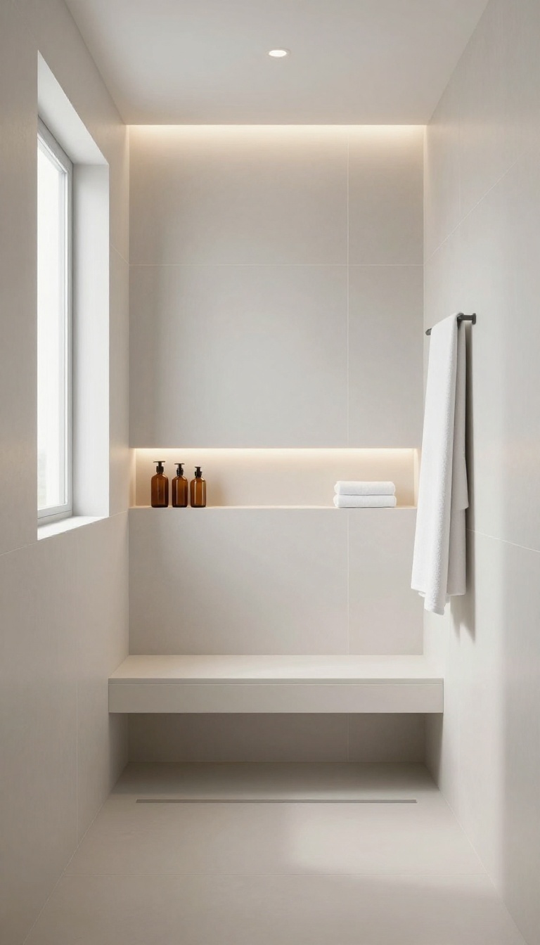 Bright shower room with white and pale gray tiles, recessed accent lighting above a niche, and a floating vanity with under-lighting.