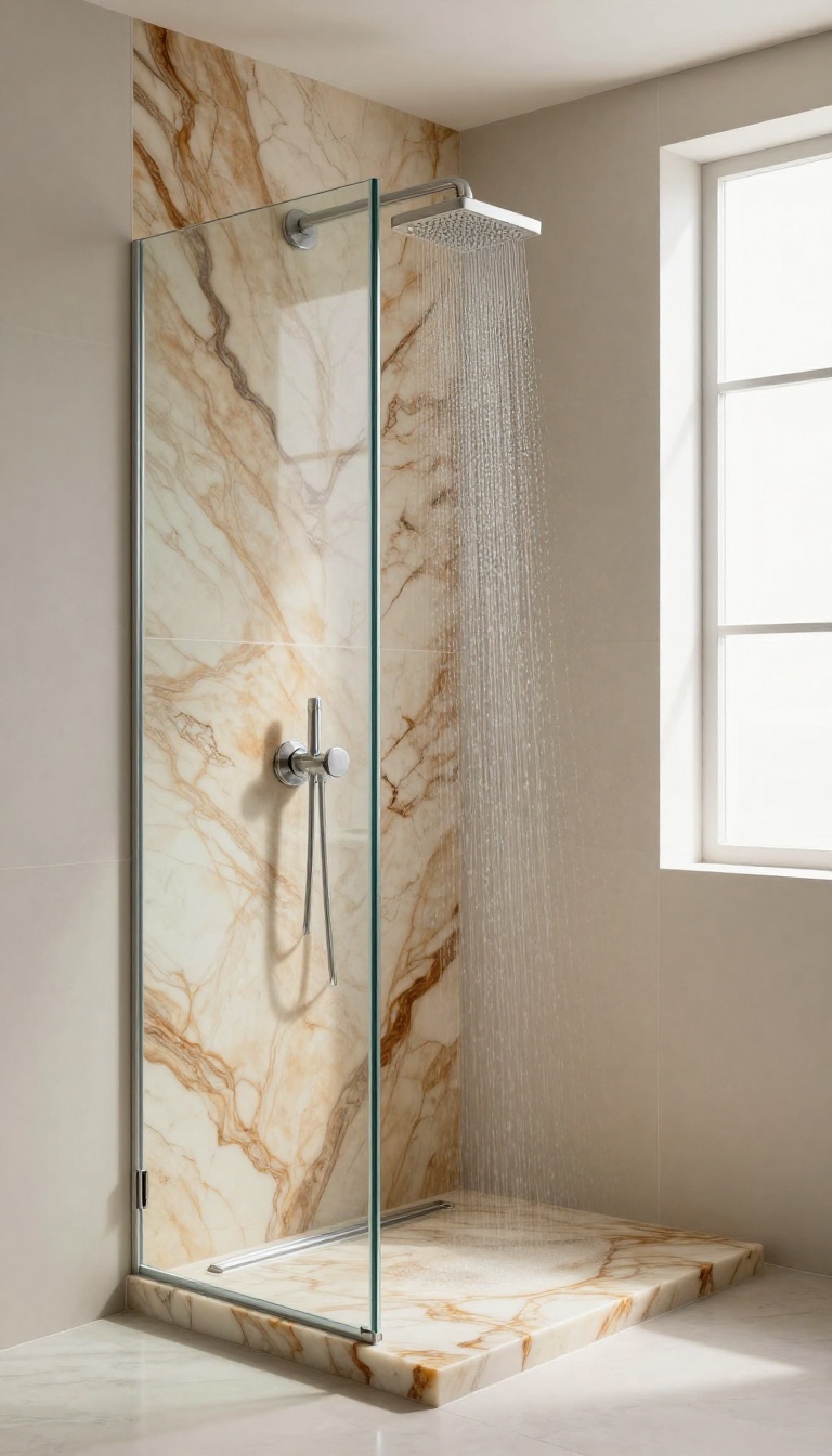 Modern bathroom shower with a solid onyx tray and matching onyx walls, illuminated by natural light.