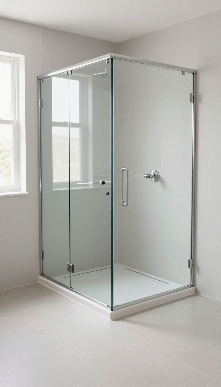 Curbless walk-in shower in a small bathroom with glass partition and linear drain