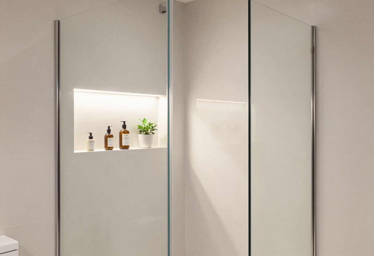 Modern shower niche with backlit shelves and a small plant