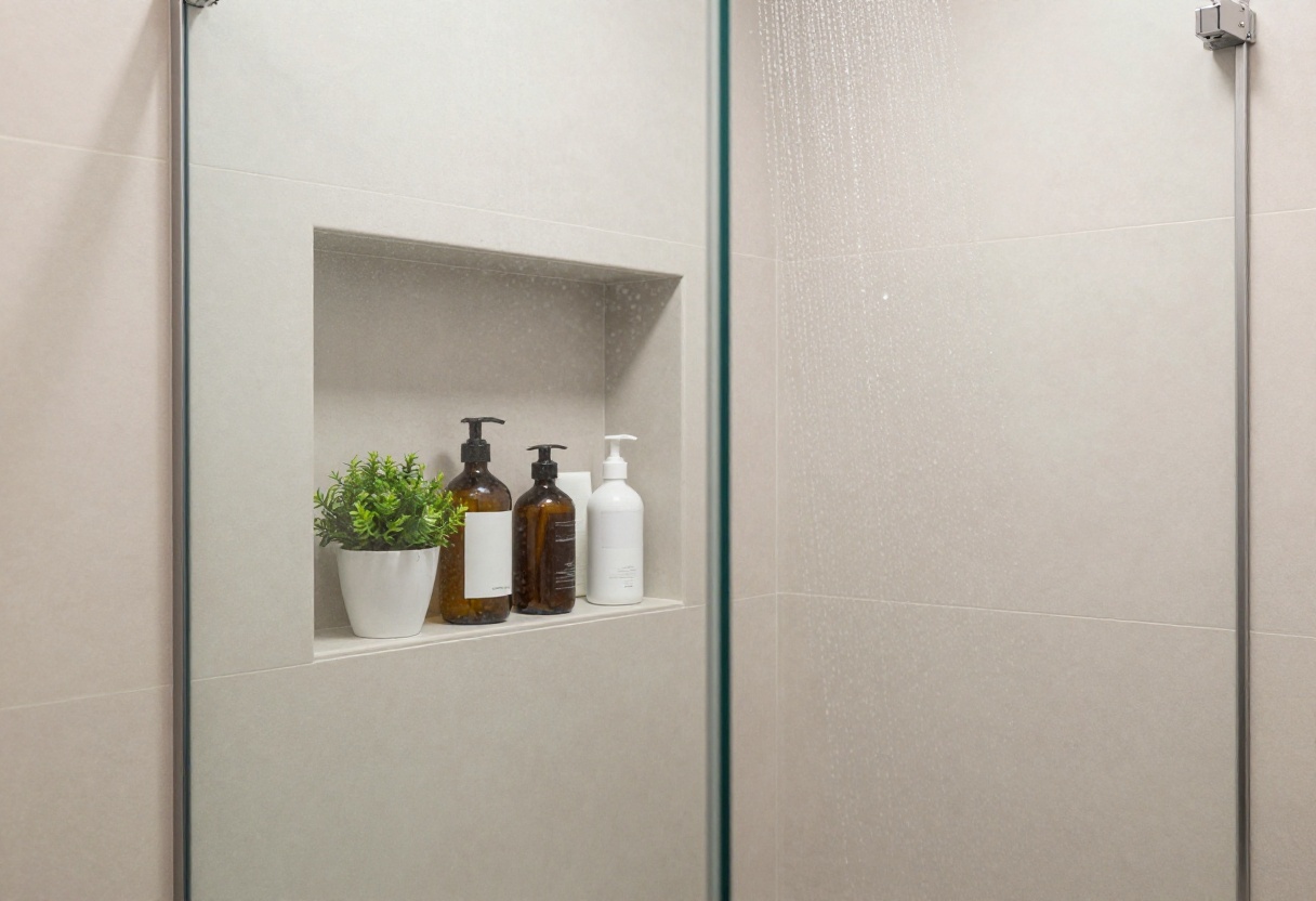Modern shower with built-in shelf and toiletries