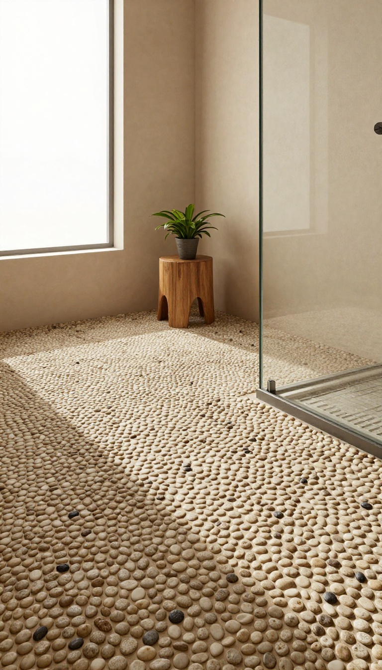 Curbless shower with pebble tile floor for non-slip surface