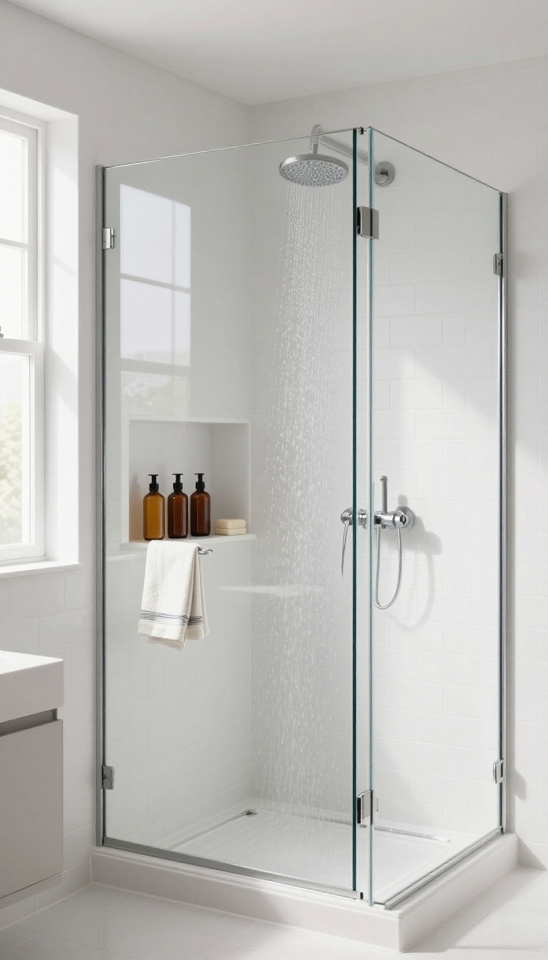 Modern bathroom shower with a built-in recessed niche shelf holding shampoo and soap bottles, finished with white subway tiles and lit by natural light.
