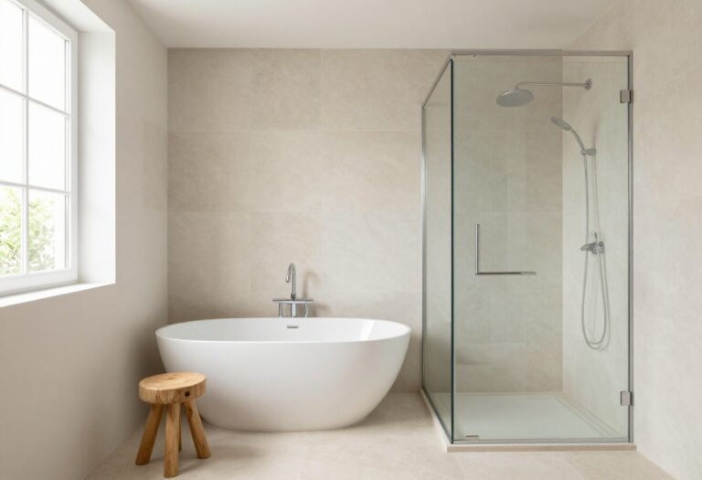 Modern bathroom with a freestanding tub and glass shower enclosure