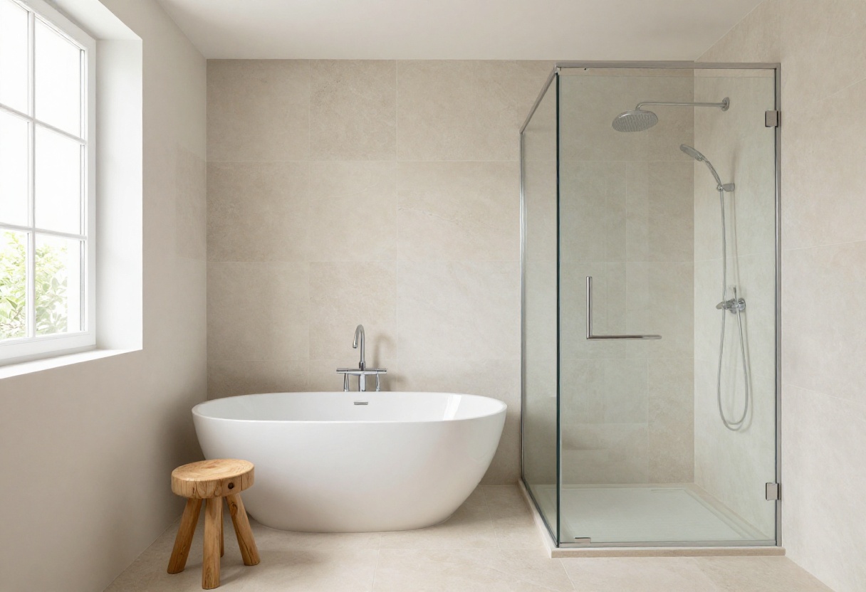 Modern bathroom with a freestanding tub and glass shower enclosure