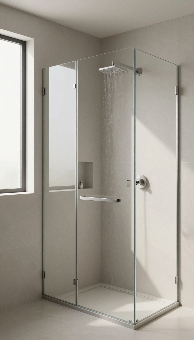Modern master bathroom shower with large-format tiles and minimal grout lines, featuring a glass enclosure and rainfall showerhead