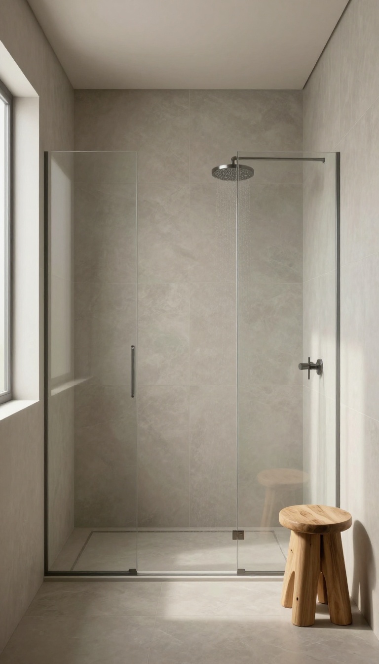 Walk-in shower with floor-to-ceiling large-format tiles in a neutral tone, creating a seamless monolithic look with minimal grout lines.