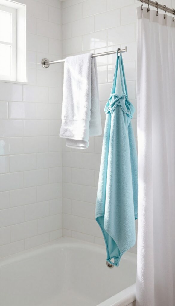 Tension rod installed above a bathtub in a small bathroom, holding towels and a swimsuit, with natural light and a clean, airy feel.