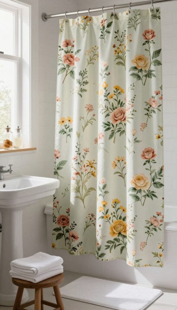 Vintage floral shower curtain in a bright bathroom with muted rose and sage tones, styled with wooden stool and glass jars.