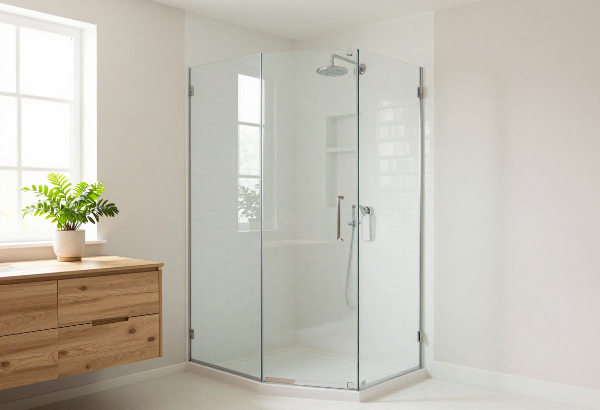 Small walk-in shower with frameless glass and white tile