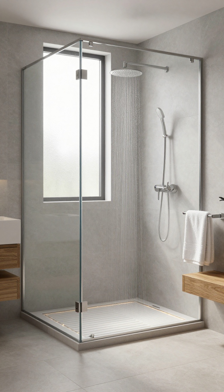 Curbless shower with heated floor in a bright, modern bathroom
