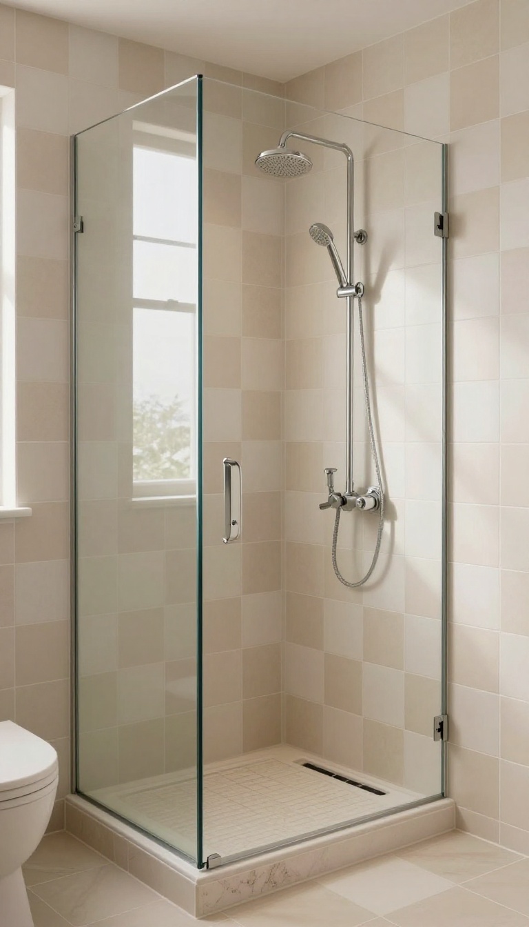 Beige and white checkerboard tile shower with matte finish and vintage flair