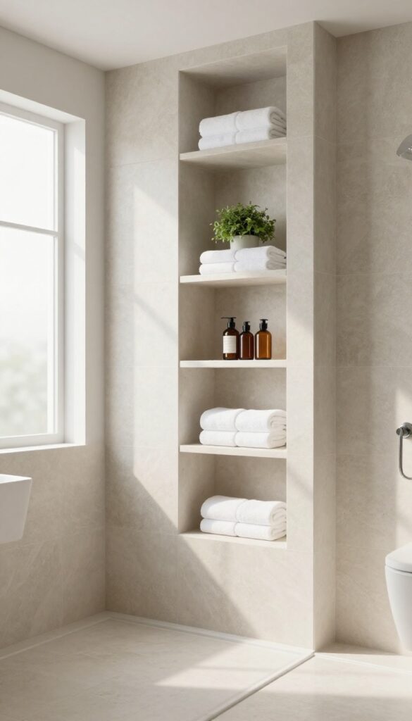 Full-height built-in shower shelf column with towels and bath products in a modern bathroom