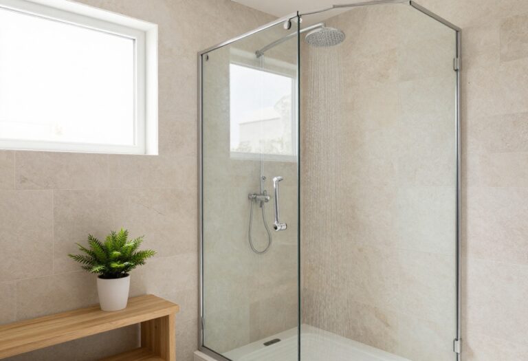 Modern bathroom shower with glass enclosure, rainfall head, and teak bench