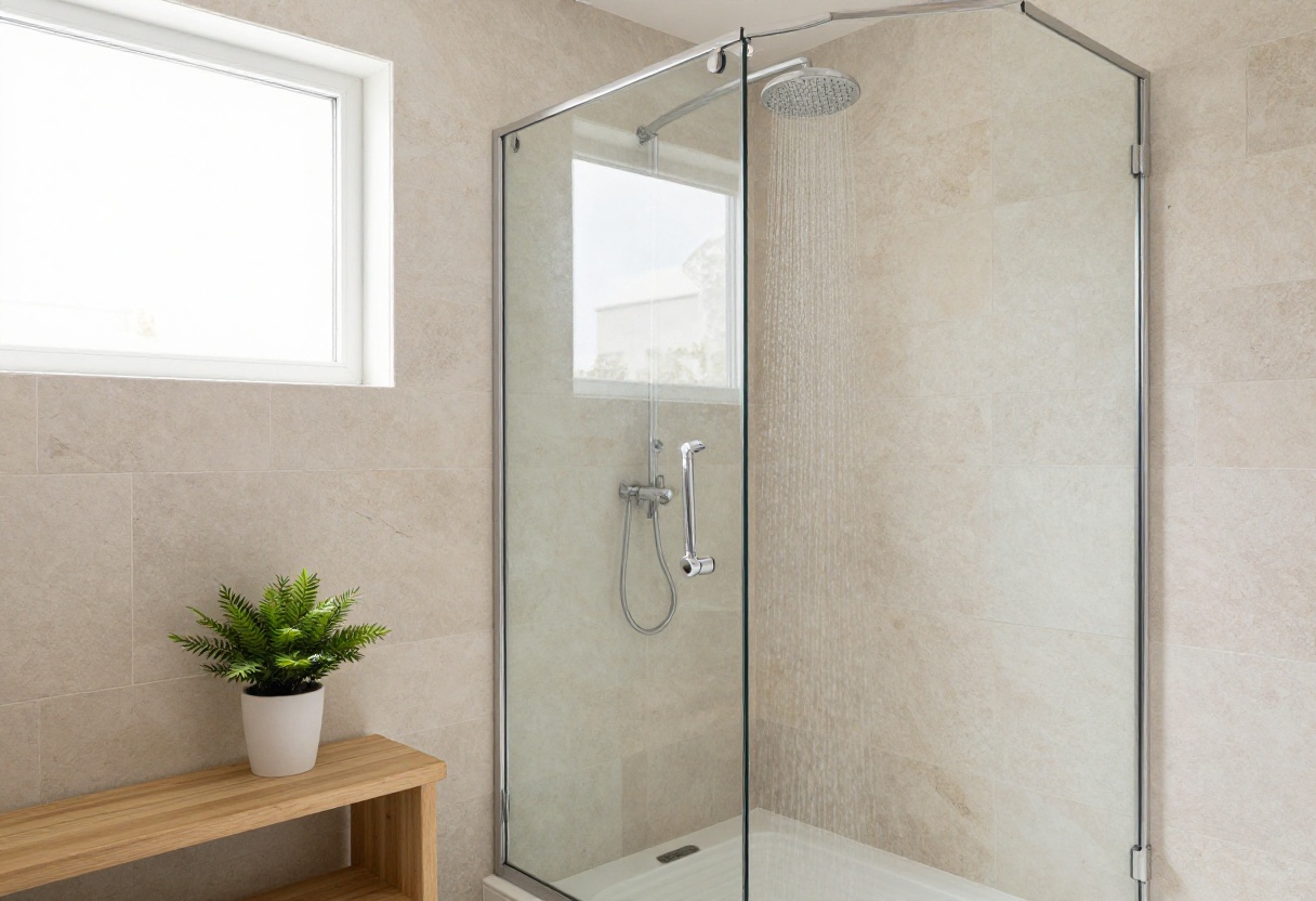 Modern bathroom shower with glass enclosure, rainfall head, and teak bench