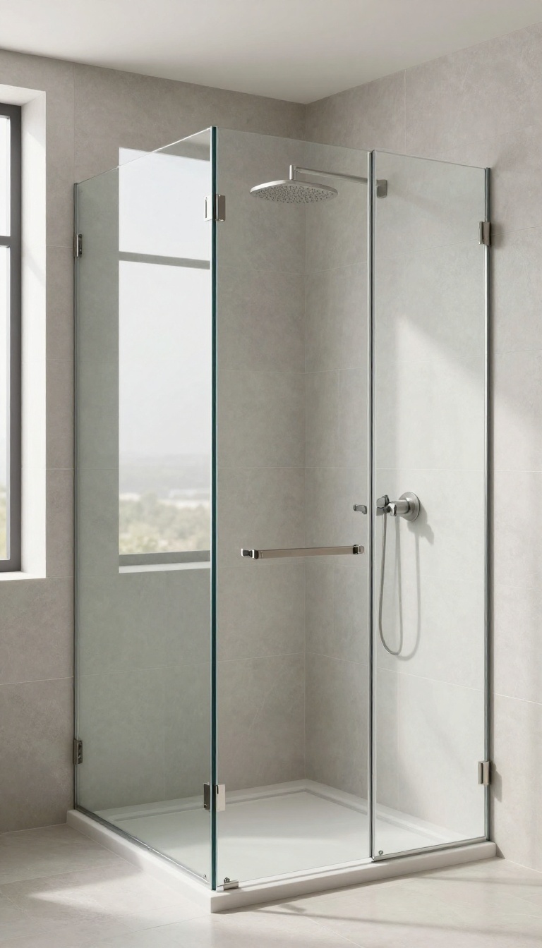 Bright walk-in shower with frameless glass panel and large gray tiles, showcasing a crisp, unbroken view.