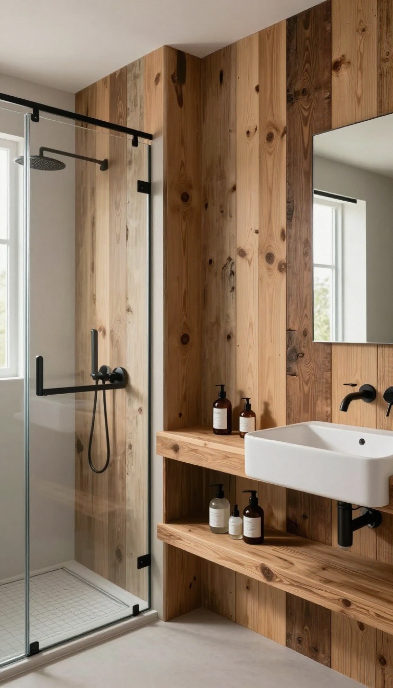 Reclaimed wood pony wall in a rustic bathroom with glass shower panel and matte black fixtures
