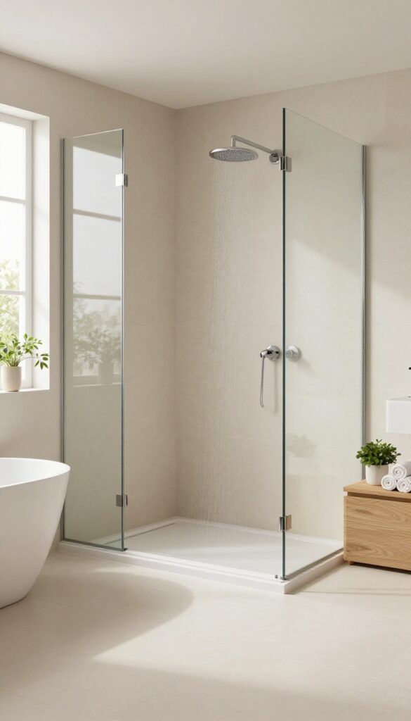 Modern bathroom with large-format beige tiles, frameless glass shower, and freestanding tub in natural light