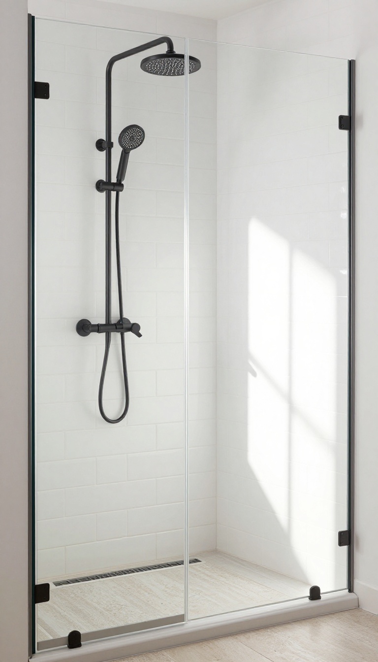 Modern shower with white subway tiles and matte black fixtures, creating a crisp, high-contrast look