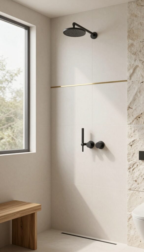 Modern shower with neutral tiles and a slim brass accent strip at eye level, warm natural light, wooden bench, and rainfall showerhead.