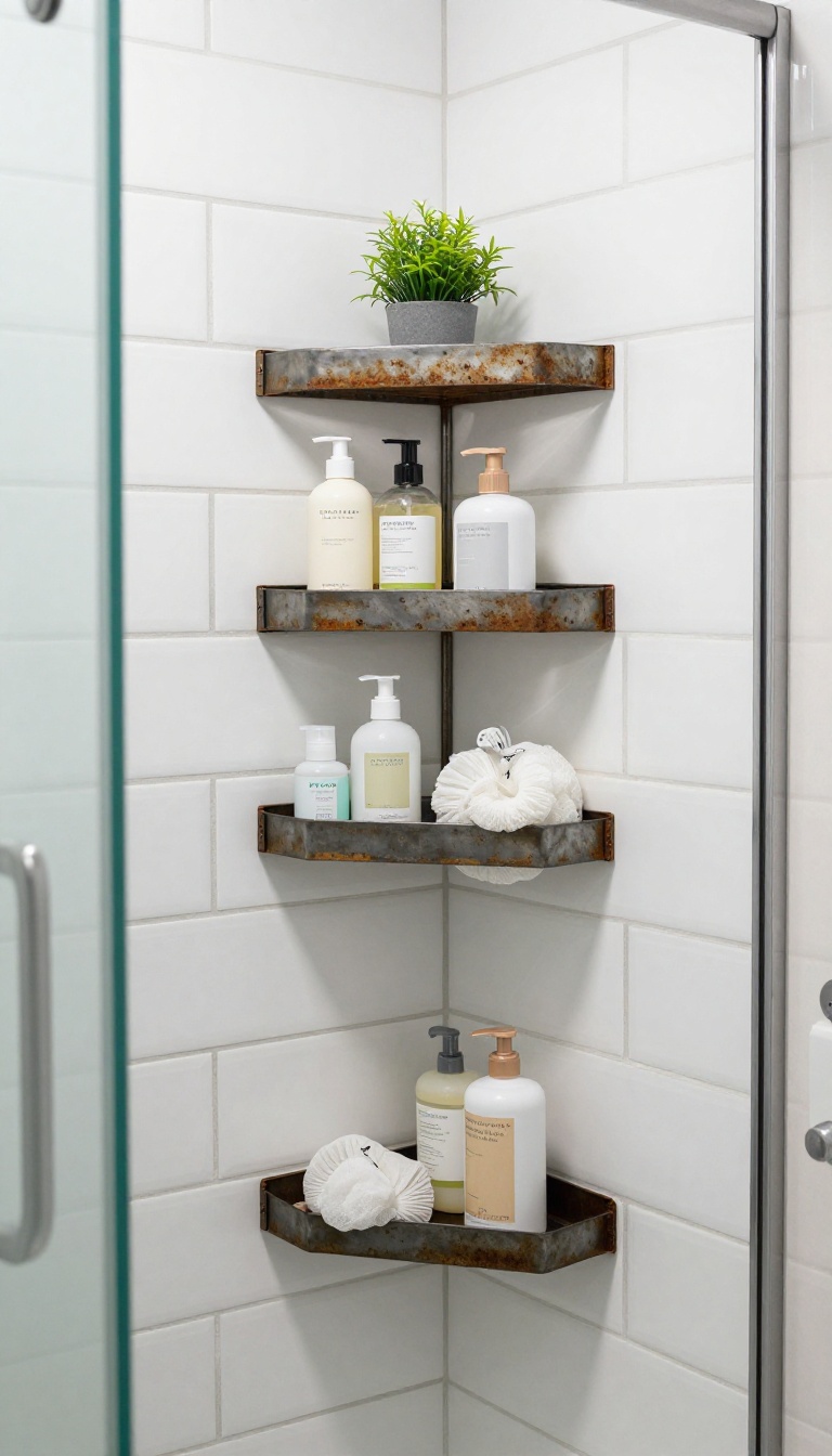 Corner shower caddy holding toiletries in a bright, tiled bathroom