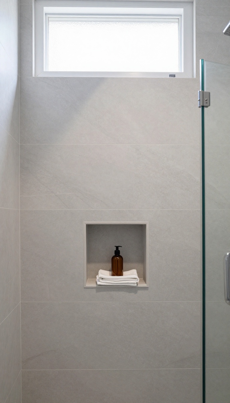 Modern bathroom with a half wall shower featuring a built-in recessed niche for storage, illuminated by natural light.