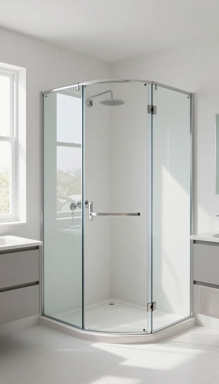 Bright bathroom with a corner walk-in shower, open floor space, double vanity, and linen tower