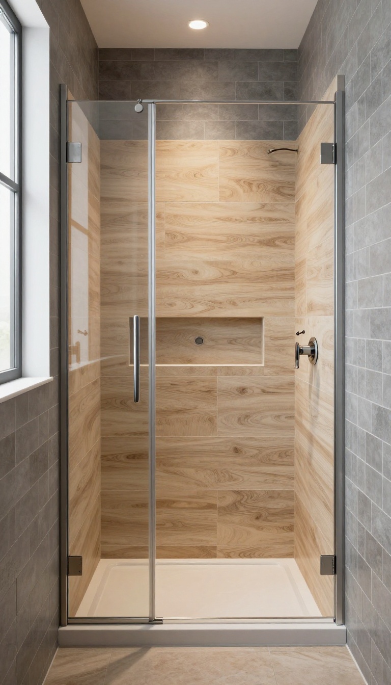 Modern shower with a wood-tile framed niche contrasting with gray subway tile walls