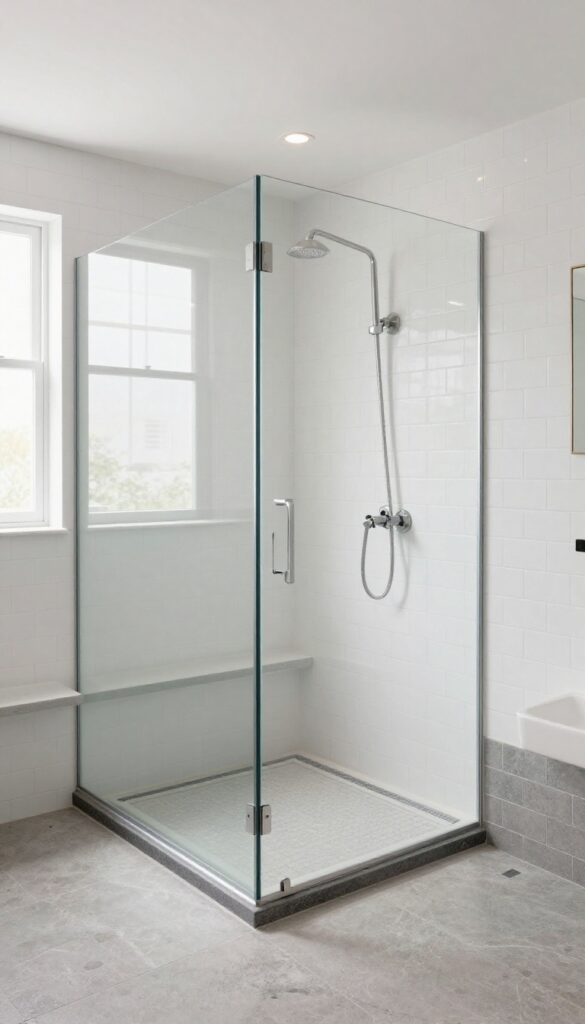 Bright, well-lit shower with contrasting floor and wall tiles for safety